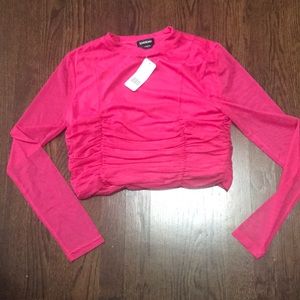 Bebe Fuschia, hot pink ruched crop top.